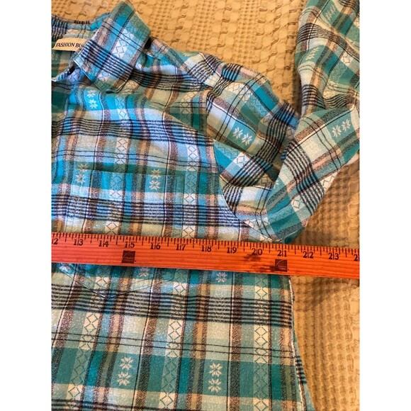 Fashion Bug Button Down Blouse Size 14 16 Turquoise Plaid Stripes 100% Cotton - Picture 8 of 9